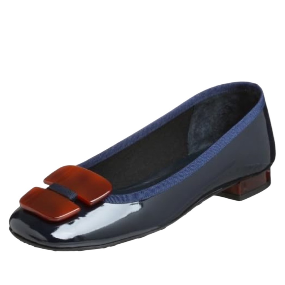 French Sole Navy Patent Leather Ballet Flat with Brown Accent
